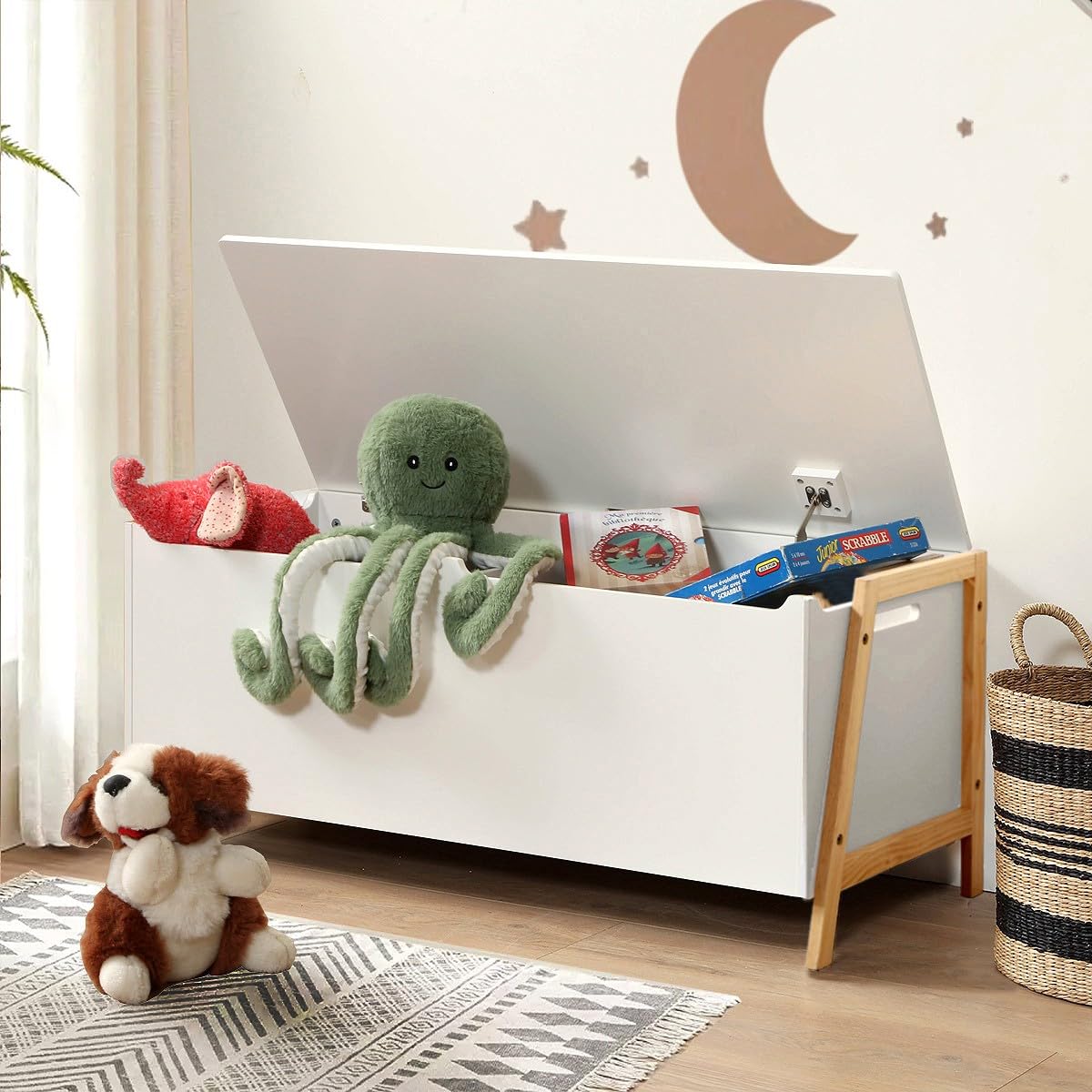 Calicosy – Coffre de Rangement Enfant avec 2 Compartiments et Couvercle Amorti – L99 cm – Pieds en Bois Massif – Coffre à Jouets Pratique et Sécurisé