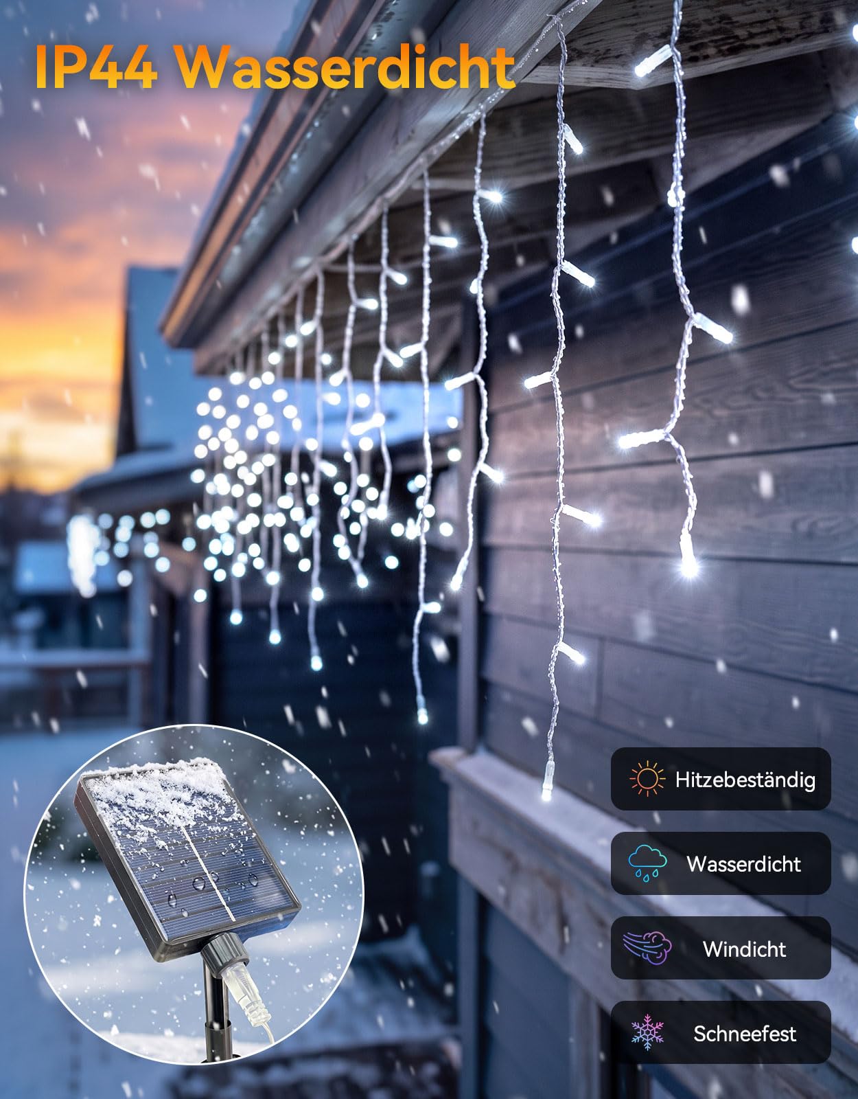 360 LED 18m Solar Eisregen Lichterkette Weiß mit USB | Weihnachten Solar Lichterkette Outdoor 8 Modi Timer，Wetterfest Lichtervorhang mit Fernbedienung für Party Balkon Vorbau