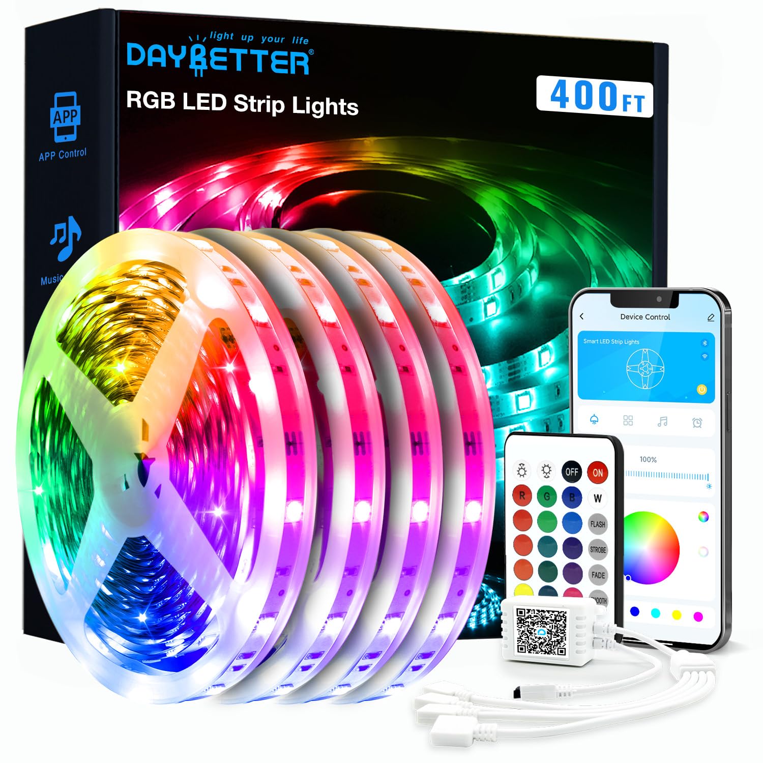 DAYBETTER LED Strip Lights 400ft (4 Rolls of 100ft), Color Changing Lights Strip for Bedroom, Desk, Indoor, Room Bedroom, Girl Boy Brithday Gifts RGB Decor with Remote and 24V Power Supply