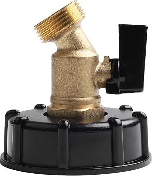 IBC Tote Water Tank Adapter with 2" S60x6 Coarse Thread to 3/4" GHT Brass Ball Valve, PP and Brass Garden Hose Connector for 275 330 Gallon Containers, RVs, CampingA