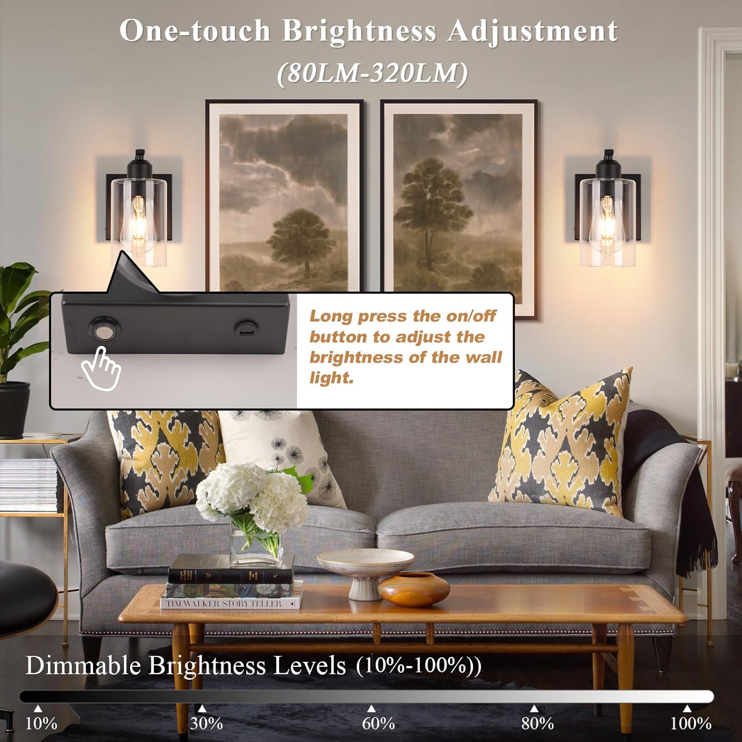 BELS 8 Inch Battery Operated Wall Sconces Set of 2, Farmhouse Wall Lights Fixture with Clear Glass, 4000K, Remote Control, Dimmable, Black Wall Sconces for Mirror, Bathroom, Bedroom