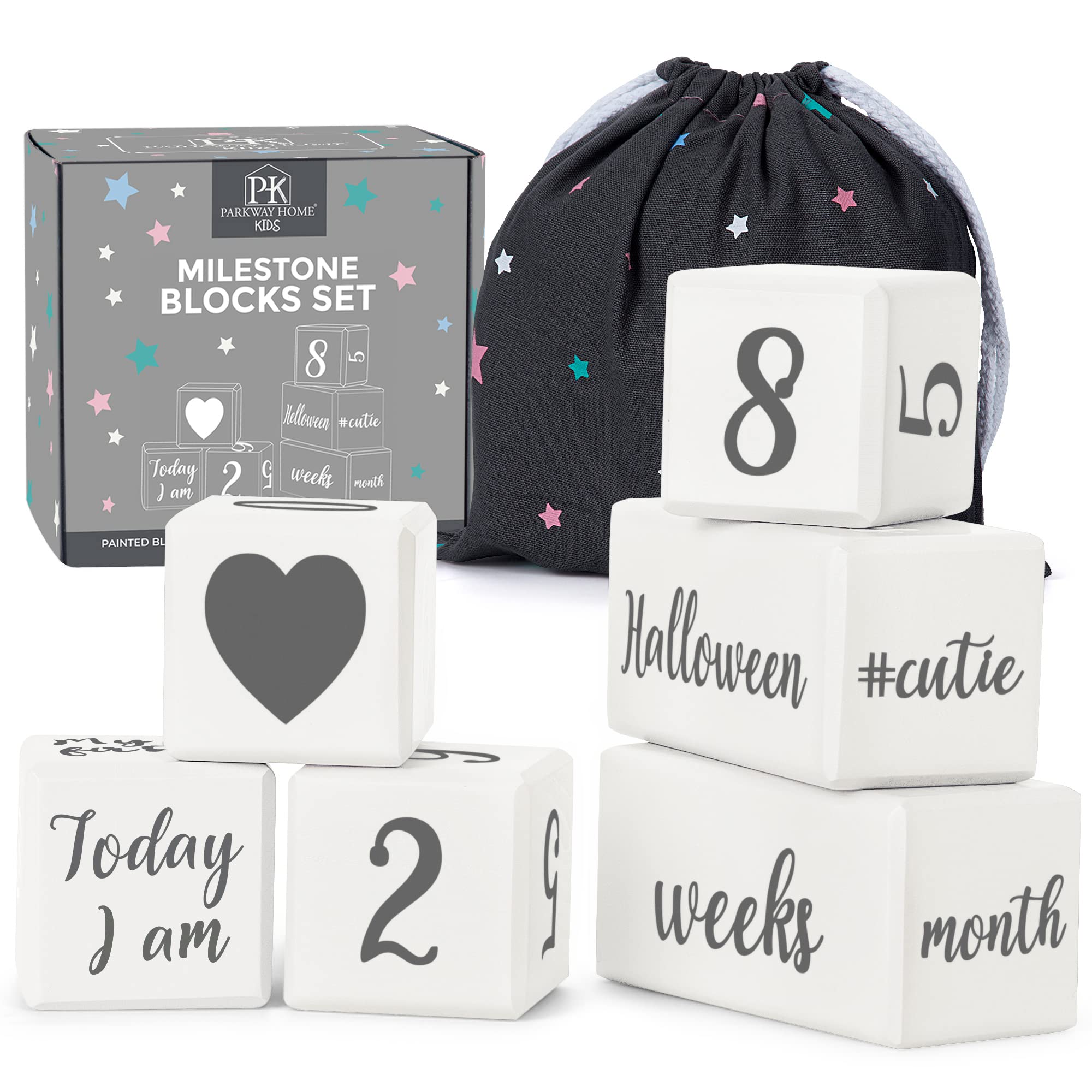 White Baby Monthly Milestone Blocks with Bag. Baby Age Blocks for Girl or Boy Baby Photo Props and Baby Shower. Month Baby Milestone Blocks with Grammatically Correct Month and Year