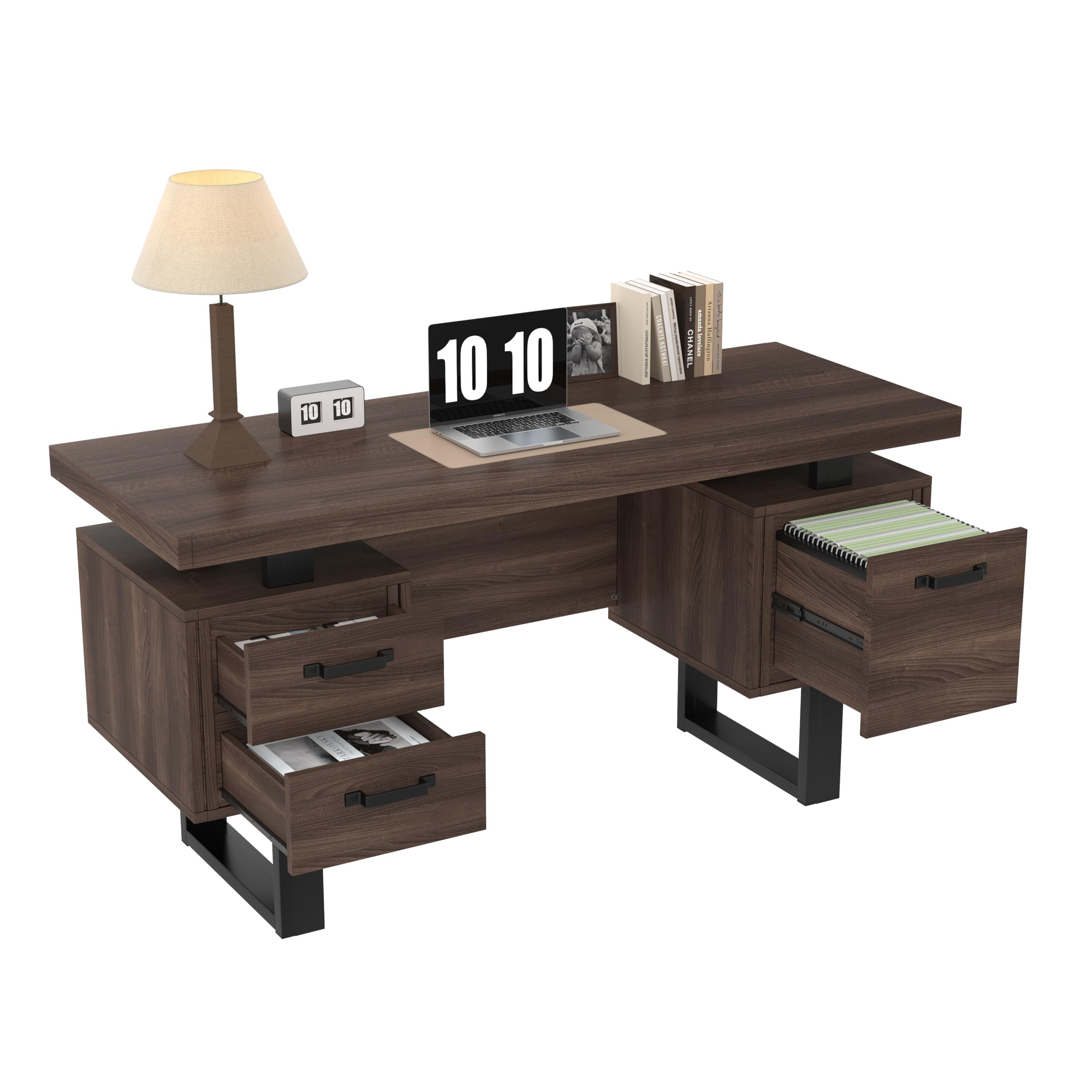 Escritorio de Oficina de MDF y Acero, Mesa de Despacho con Cajones, Marrón, 135 x 54 cm
