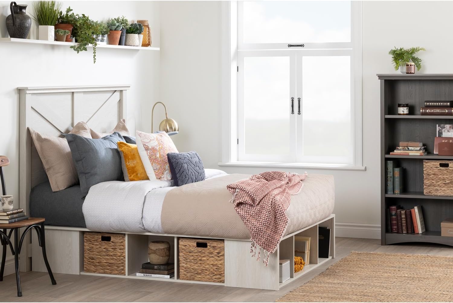 HomeStock Naturally Nice Storage Platform Bed with Coastal Cottage Baskets, Double, Winter Oak and Rattan Finish, No Box Spring Required, Low-Profile Bed - 76.75" L x 56" W x 13.75" H