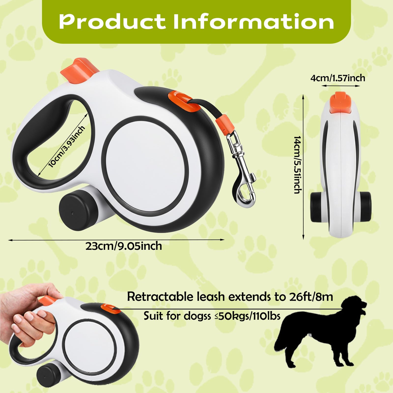 Laisse Chien Enrouleur 8m, Laisse Enrouleur pour Chiens Moyens et Grands (Jusqu’à 50kg), Anti-Morsure Laisses pour Chien avec Un Boutton S'arrêter Bloquer et Distributeur de Sacs (Blanc, 8 m)