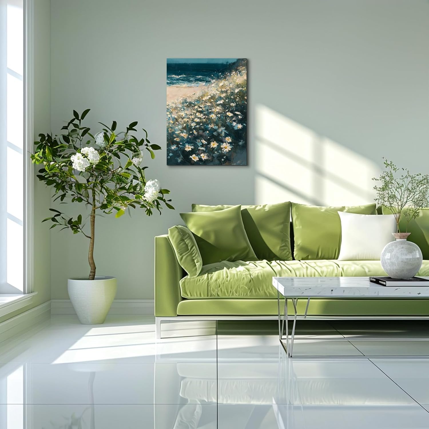 Bathroom Decor Wall Art Blue Beach Picture Ocean Theme Flower Canvas Print Modern Coastal Seascape Painting Framed Seaside Artwork Floral Daisy in Indian Vase for Home Sea Lake Bedroom 16x24 inches