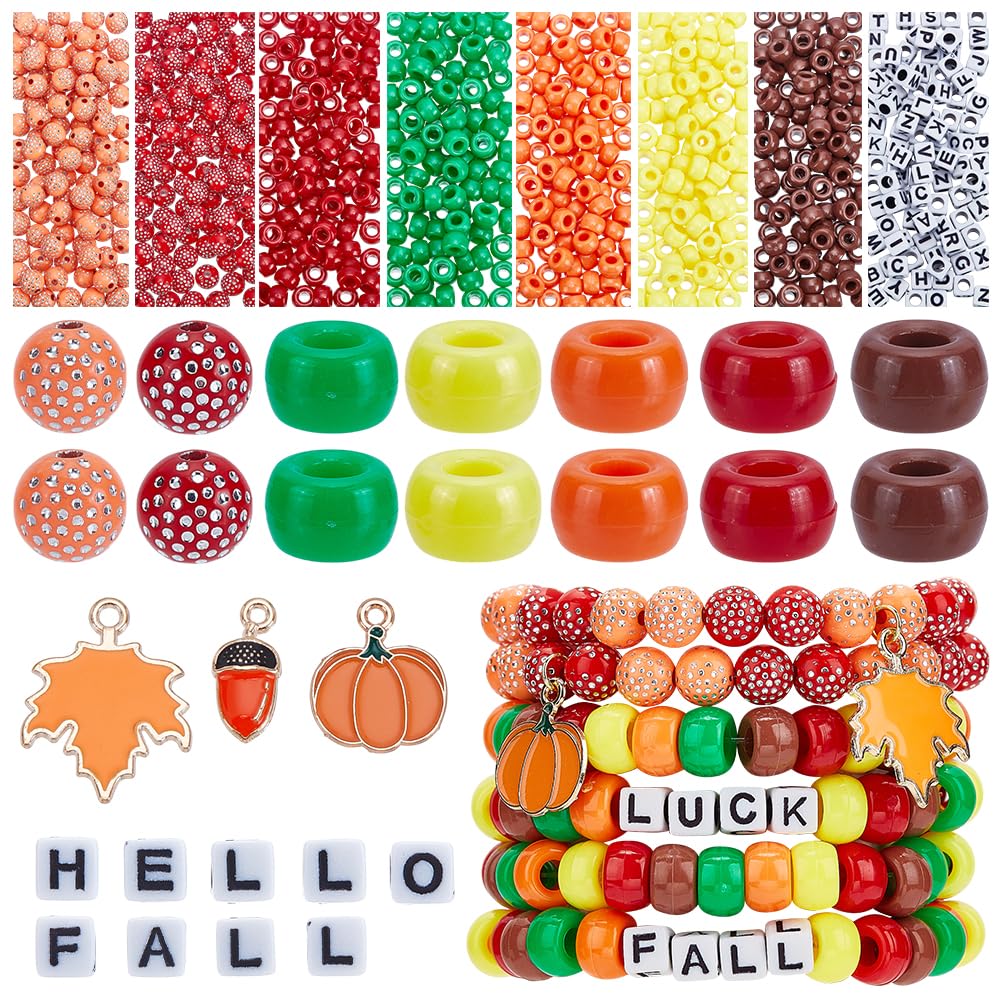 arricraft 830 Pcs Fall Beads Wristbands Making Kit, Autumn Pony Beads Bulk with Maple Leaf Charms Acorn Charm Pumpkin Cube with Random Initial Letter for DIY Arts Crafts Jewelry Making