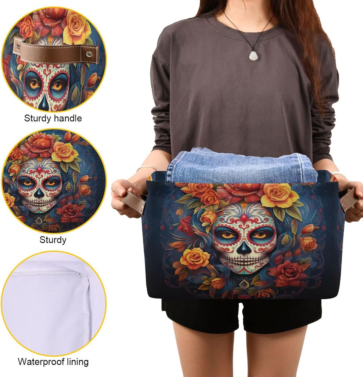 ALAZA Decorative Basket Rectangular Storage Bin, Dia Muertos Mexican Day Of The Dead Girl Sugar Skull Organizer Basket with Leather Handles for Home Office