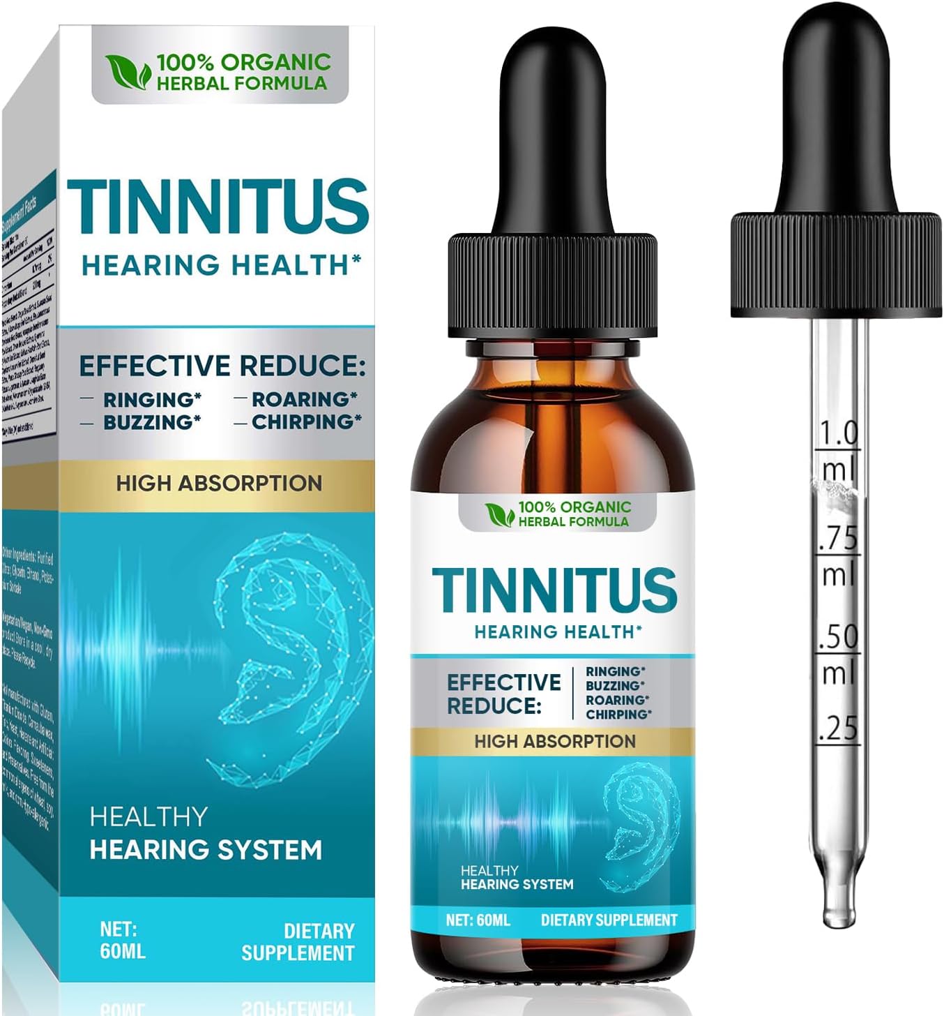 Tinnitus Relief for Ringing Ears, Effective Ear Ringing Relief Treatment for Tinnitus Relief, 60ml Natural Tinnitus Drops to Reduce Ear Noise & Improve Hearing for Men & Women