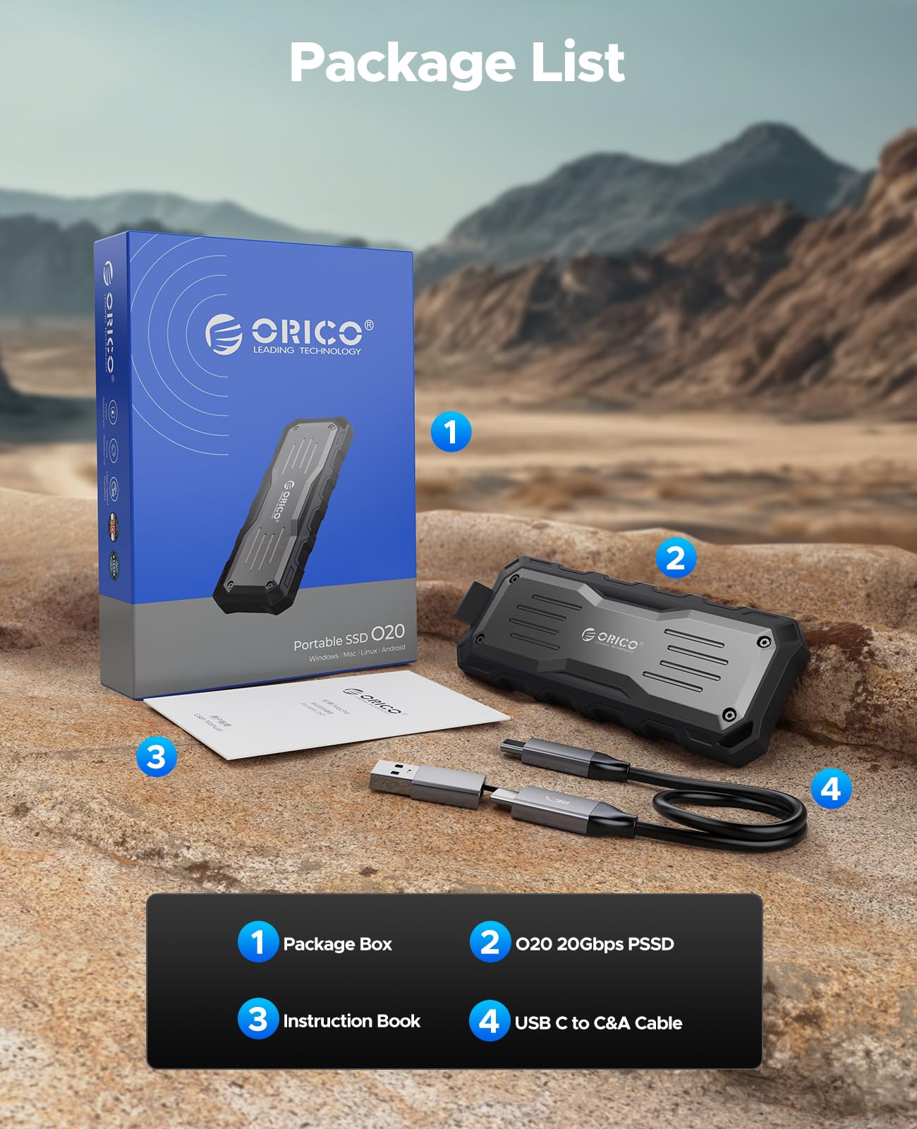 ORICO Esterno Portatile SSD 2 TB, USB 3.2 Gen 2x2 Unità a stato solido fino a 2000 MB/s, 20Gbps, Ideale per Editor all'Aperto - O20