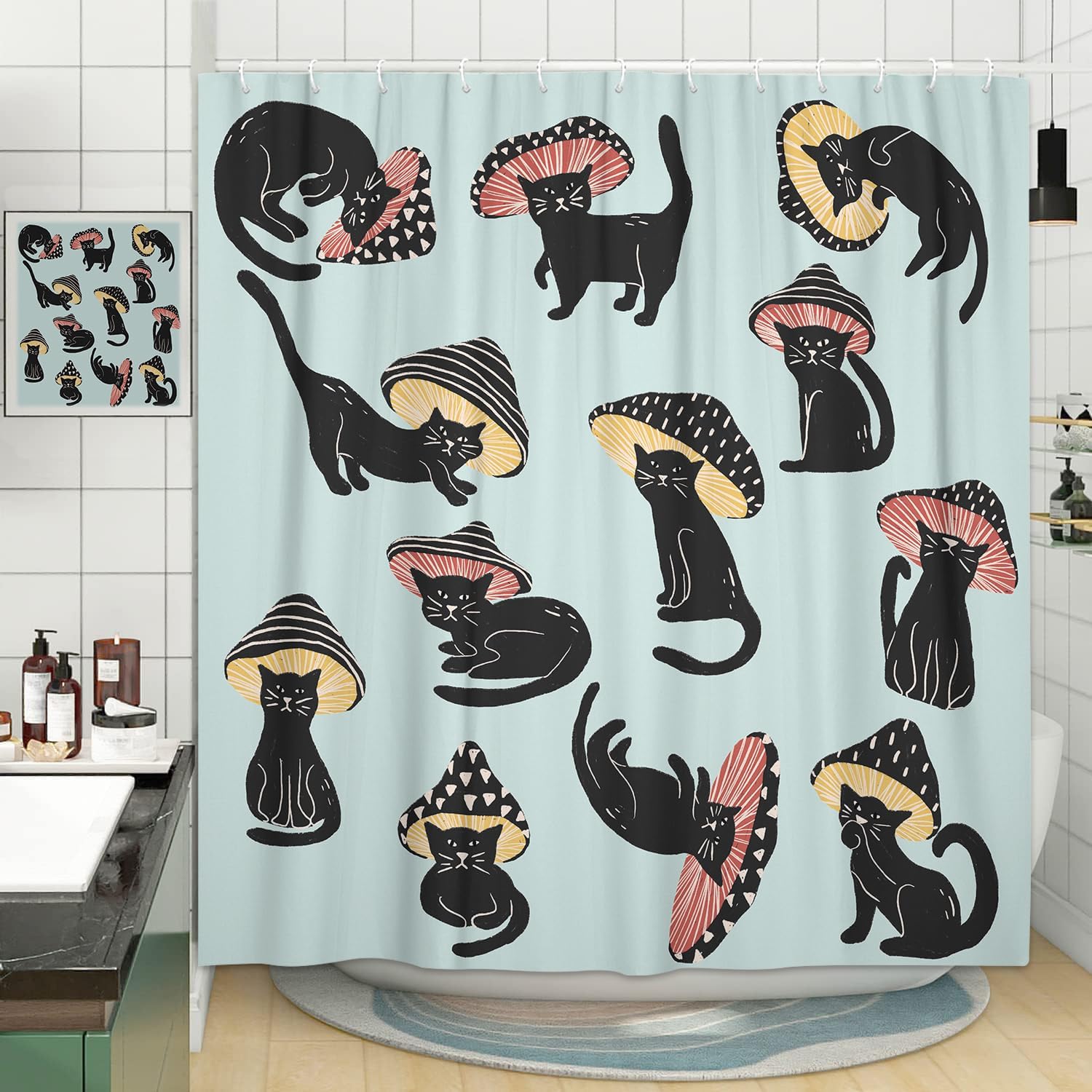 MERCHR Cute Funny Cat Mushroom Shower Curtain for Bathroom, Aesthetic Unique Fun Hilarious Blue Art Fabric Shower Curtains Set, 70s 80s Kids Restroom Decor Accessories with Hooks 72X75 Inch