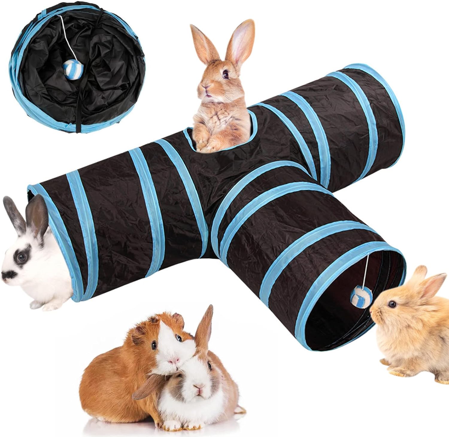 Bunny Tunnel 3 Way Collapsible Tunnel for Rabbit Hideout Small Animal Activity Tube Toys for Dwarf Rabbit Bunny Guinea Pig Chinchilla…