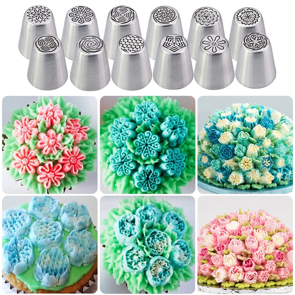 Kit Sac à Poche E Ugelli Russian Piping: 12 Beccucci A Fiore In Acciaio Inox, 2 Adattatori, 10 Sacchetti E 1 Tasca In Silicone