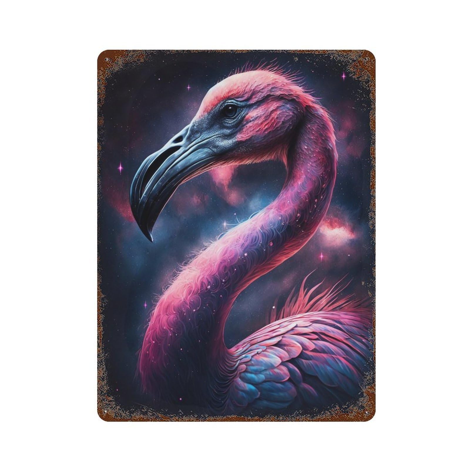 Cosmic Flamingo Art Print 15.7"x11.8" Vintage Rust Metal Sign, Novelty Wall Decor for Living Room, Hallway And Home Decor