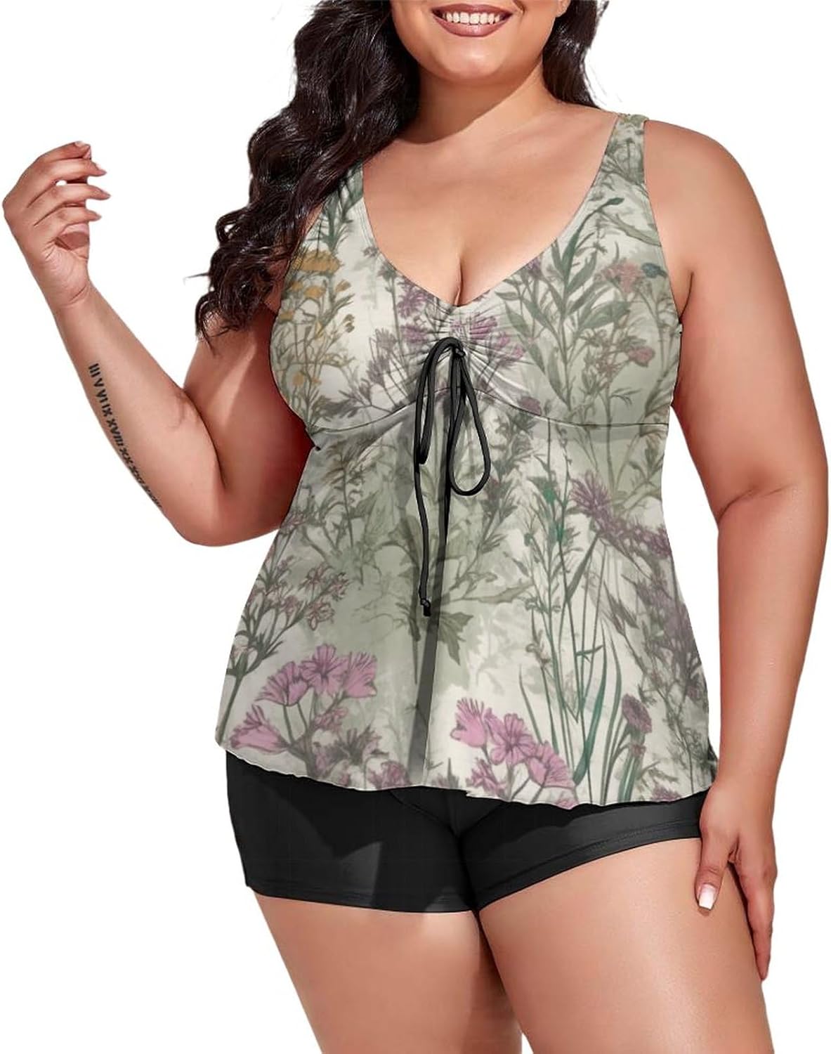 Plus Size Swim Dress Watercolor Flowers Women's 2 Pieces Tankini Swimsuit Womens Bathing Suits with Top/Boyshorts