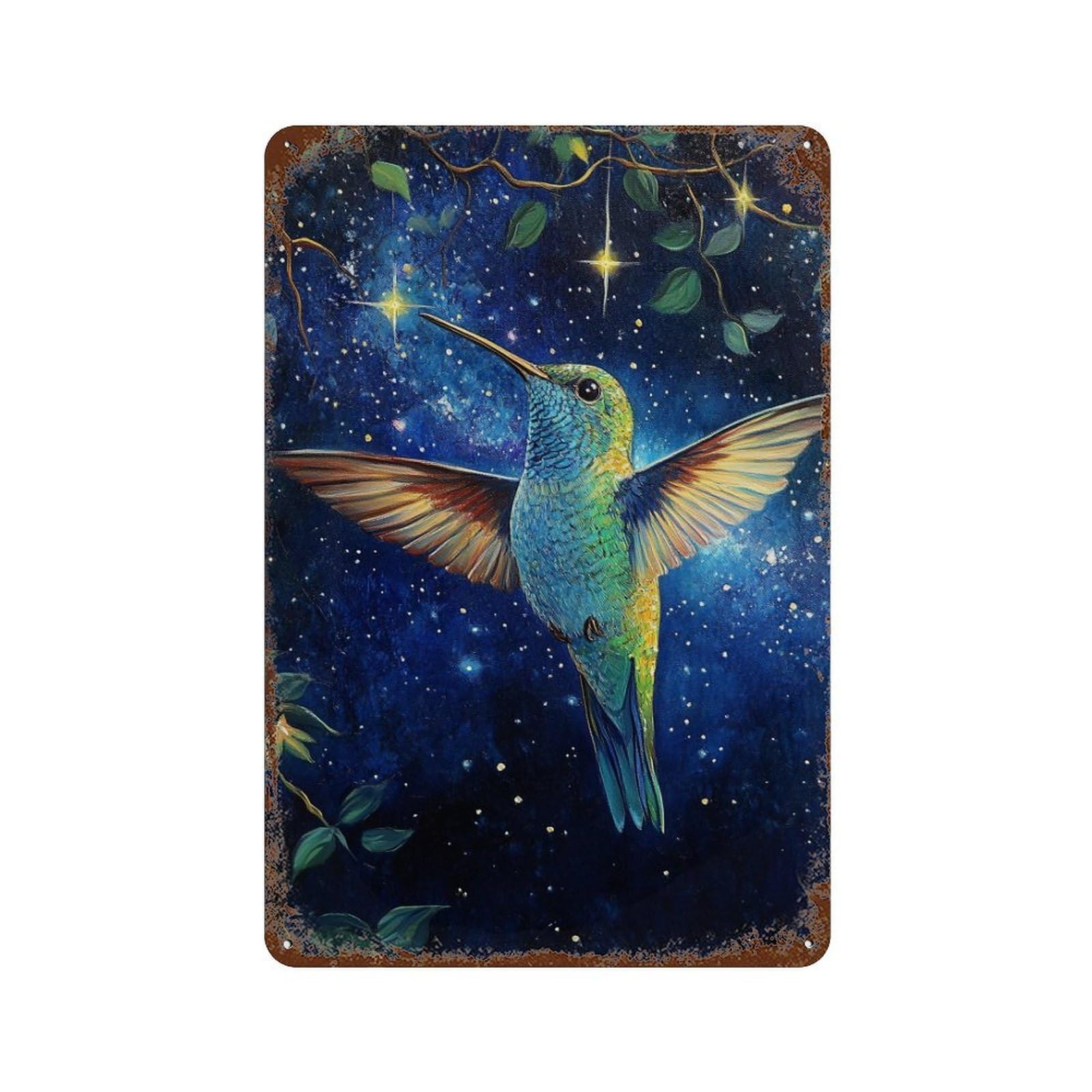 Hummingbird Night Sky Art Print Retro Metal Sign 11.8"x7.9", Novelty Wall Decor for Garage, Pub Or Kitchen