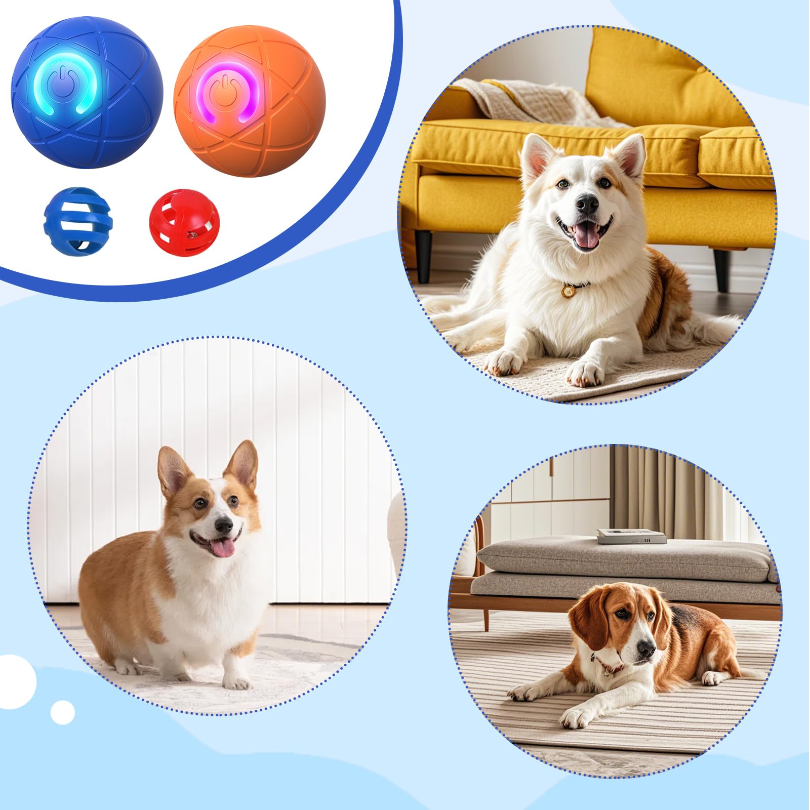 Kighdel 2pcs Bouncing Ball For Dogs,Interactive Dog Toys With Led Flash Light,Dog Treat Ball,Vibrating Dog Ball,Suitable for Small,Medium and Large Dogs,with 2 Hollow Bell Balls(Blue + Orange) - Image 2