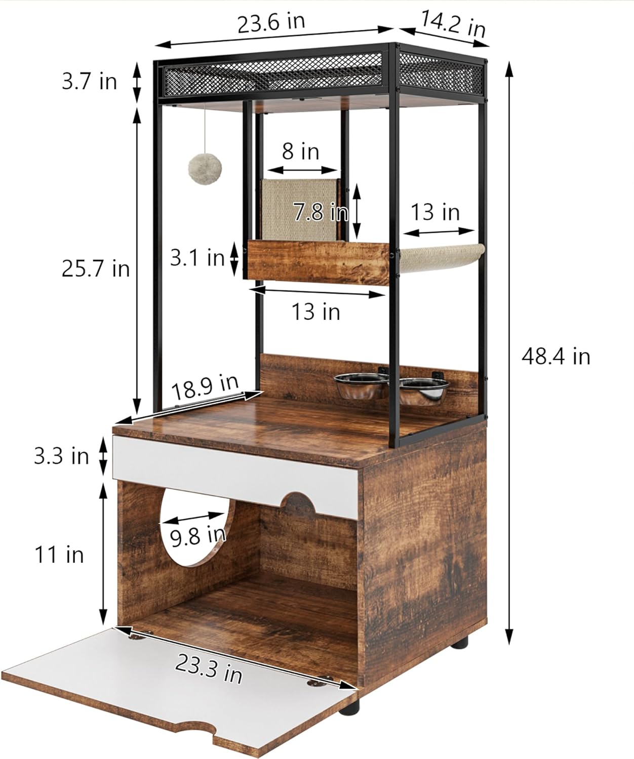 Cat Litter Box Enclosure Furniture with Cat Tree Tower, Kitty Litter Box Hidden Cabinet with Shelves Scratching Pad and Cat Bowls, Cat Washroom Indoor Cat House,Rustic Brown…