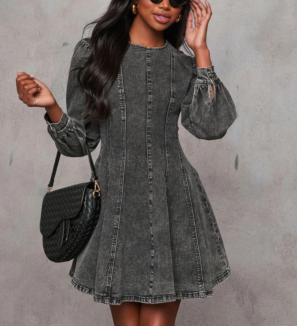 yoeasy Women's Denim Dress Long Sleeve Crewneck A Line Swing Ruffle Casual Mini Babydoll Jean Dresses - Image 3