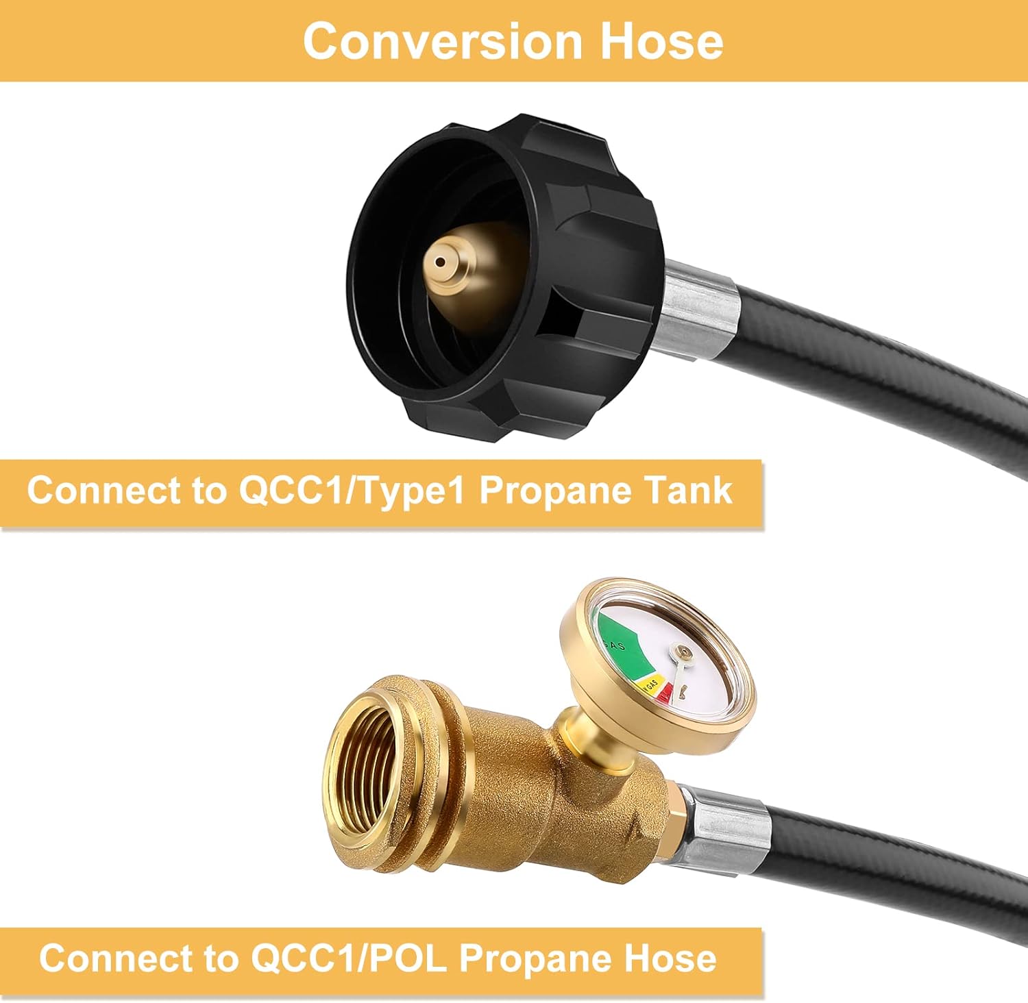 WADEO 6 Feet Propane Tank Extension Hose with Gauge, Include Tank Adapter Converts POL 100 lb Propane Tank to QCC1 for Gas Grill, Heater and Propane Appliances