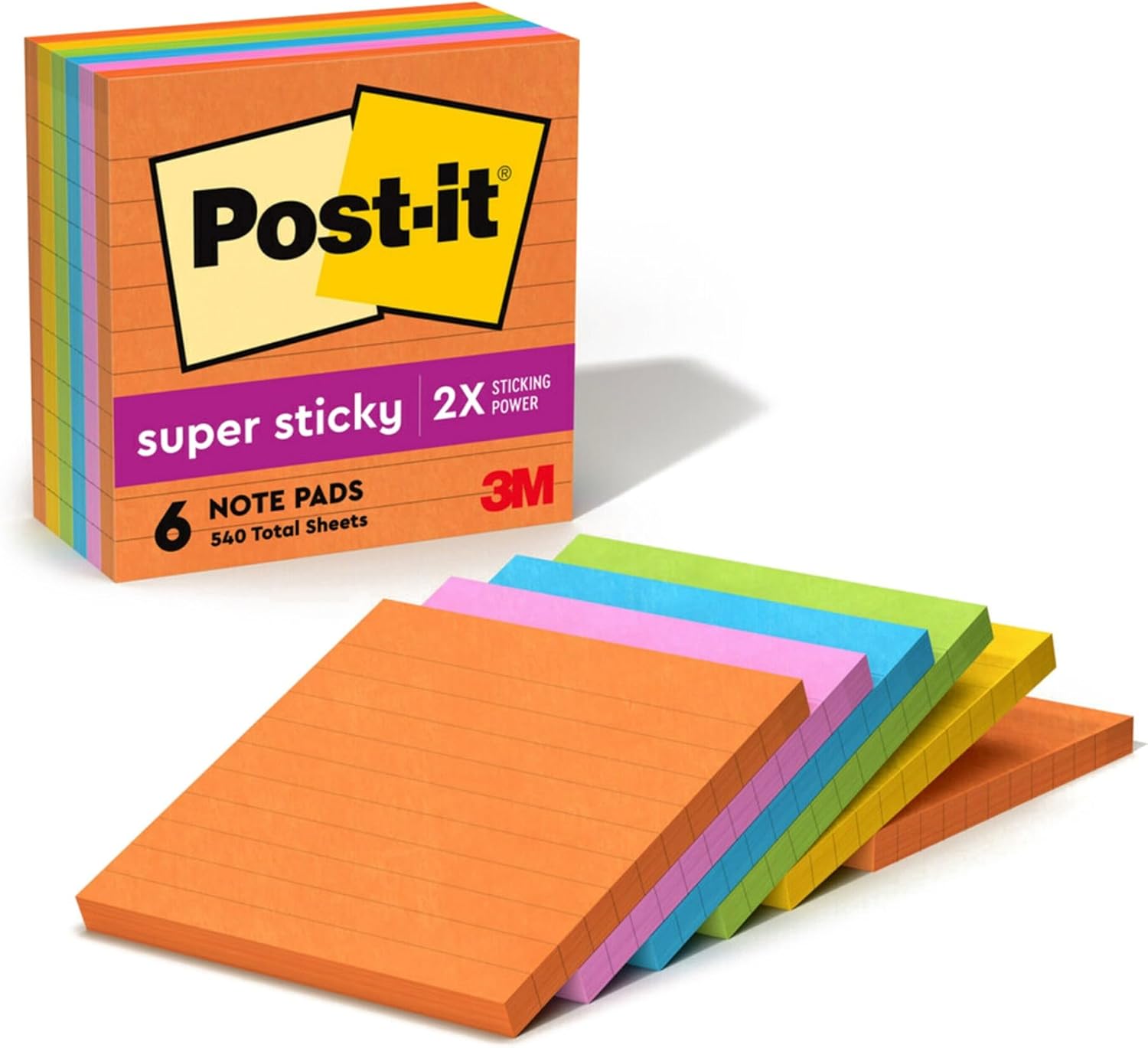 Wholesale CASE of 10 - 3M Post-it Super Sticky Lined Jewel Pop Coll Notes-Super Sticky Notes,Lined,90 Sh/Pad,4"x4", 6/PK, Assorted