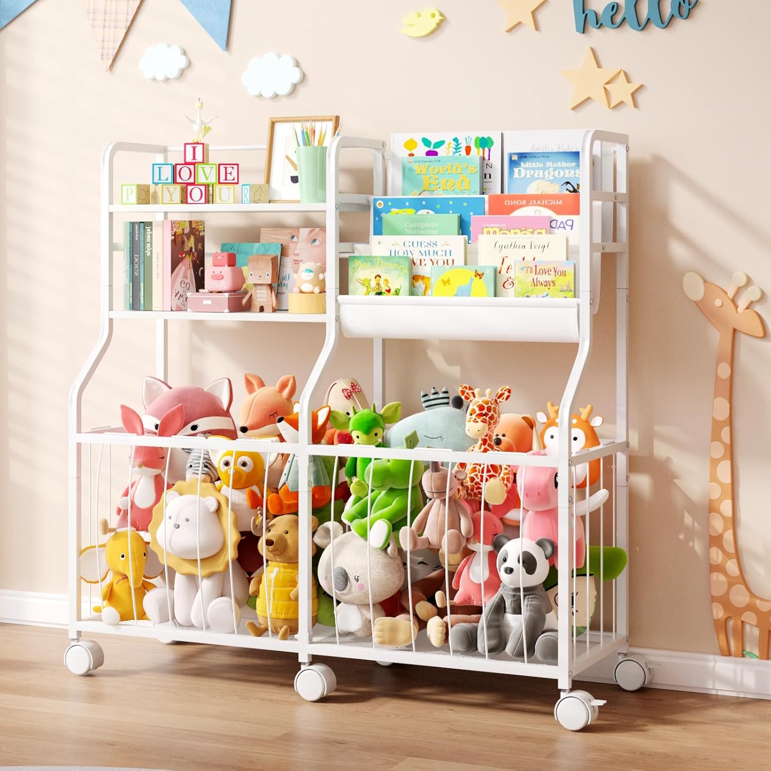BBLIKE Stuffed Animal Storage Organizer Rolling Kids Bookshelf Toy Storage Book Display Toy Chest Rolling Furniture Kids Room Playroom Bedroom Nursery White