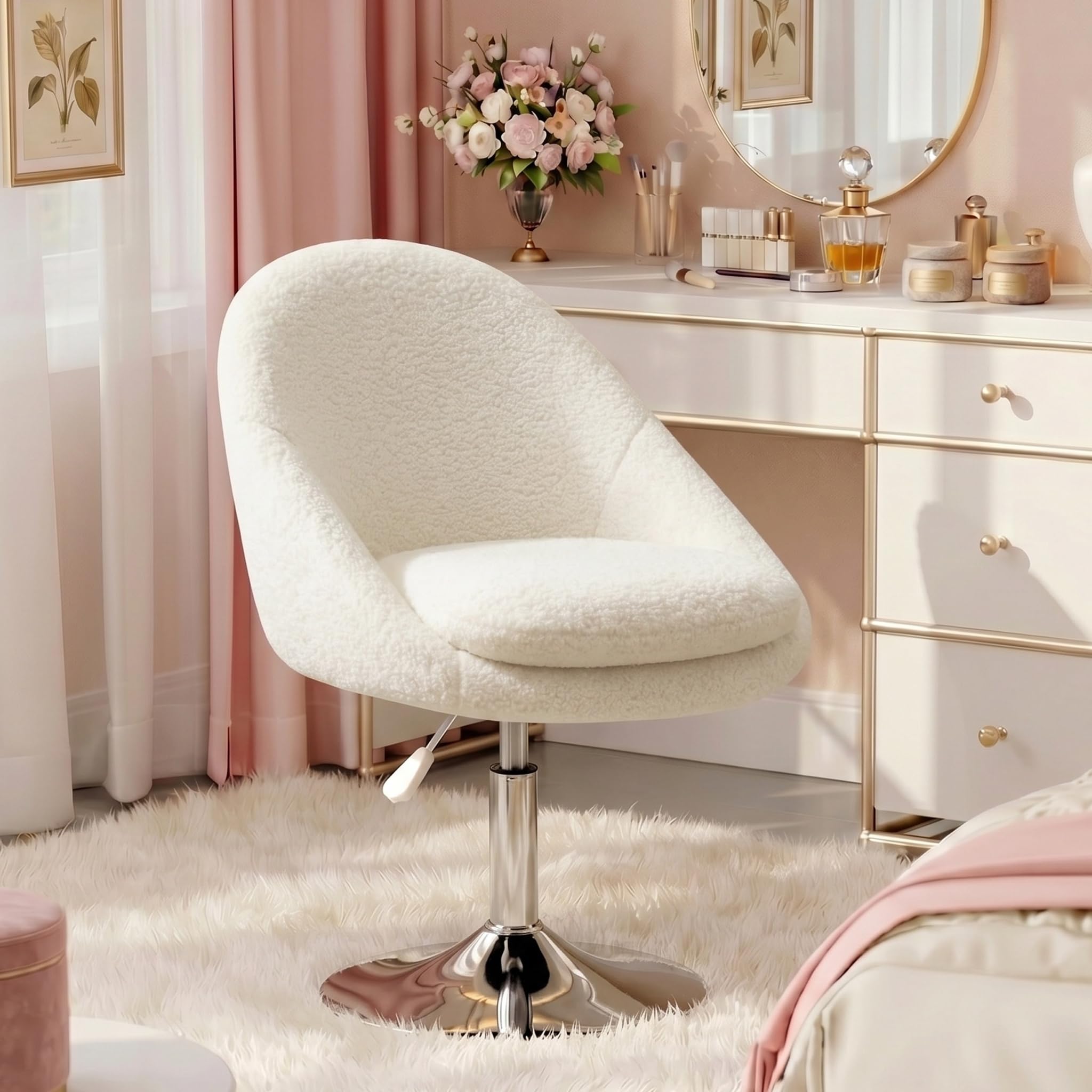 Hellove Chaise Coiffeuse Sherpa Blanc, Tabouret de Coiffeuse 360° Pivotant, Tabouret Siège Vanity Chair Hauteur Réglable avec Rembourrage Épais (10 cm) Double Couche pour Salon Chambre, 127 KG