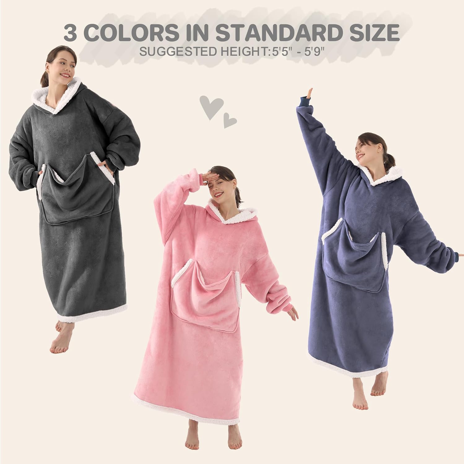 Wearable Blanket Hoodie with Cat Pouch, Gifts for Women Mom Girlfriend Pet Lovers, Extra Soft Sherpa Fleece & Cozy Flannel Blanket Sweatshirt, Standard Size Dark Gray - Image 5