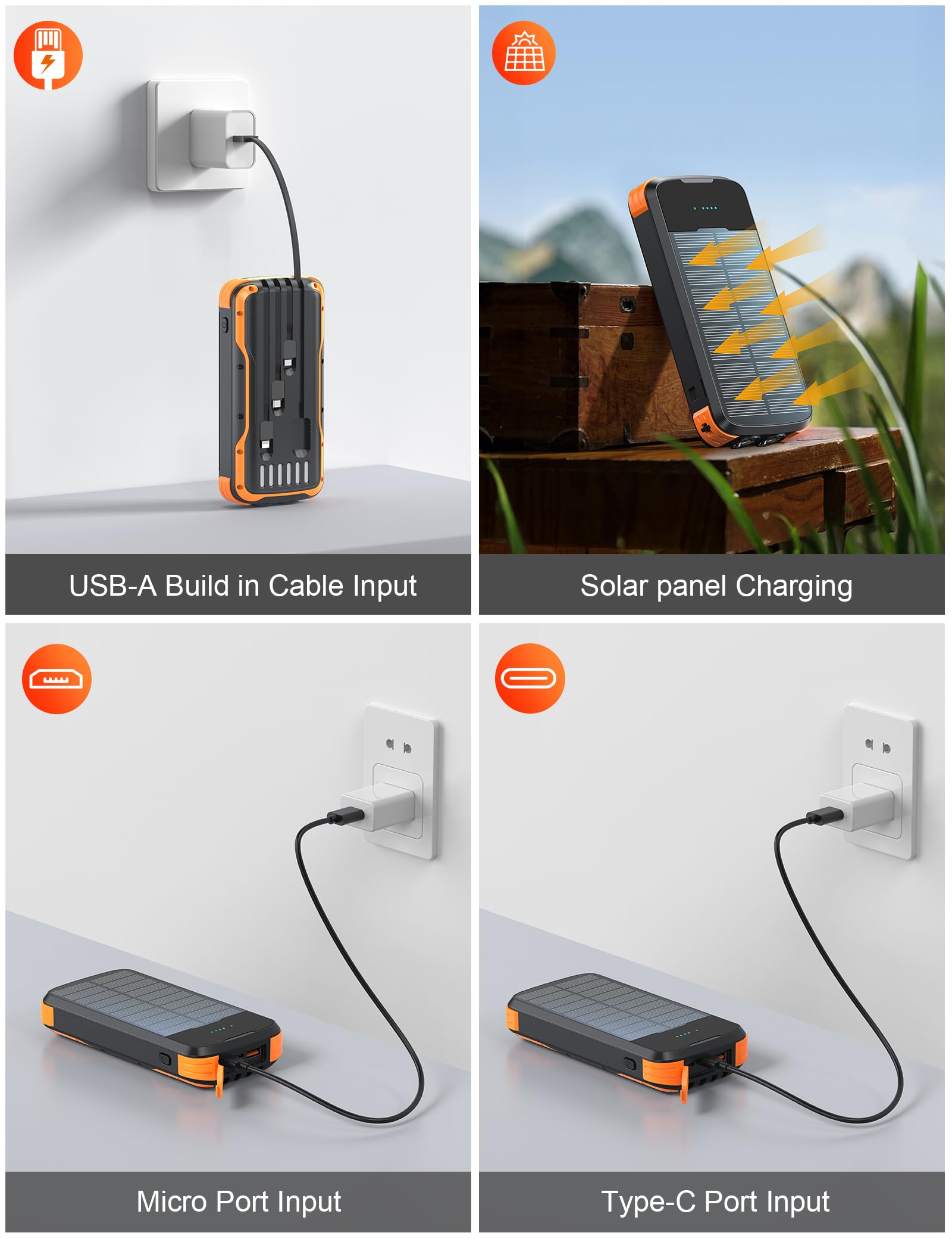 Cargador solar, batería externa de carga rápida PD de 20 W, cargador de teléfono portátil de 40000 mAh, 4 cables integrados con linternas dobles brillantes para camping, senderismo y uso al