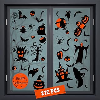 212 Pcs Halloween Decorations Window Clings Decals, Large Halloween Black Bats Spiders Webs Pumpkins Decal, 10 Sheet Hallo...