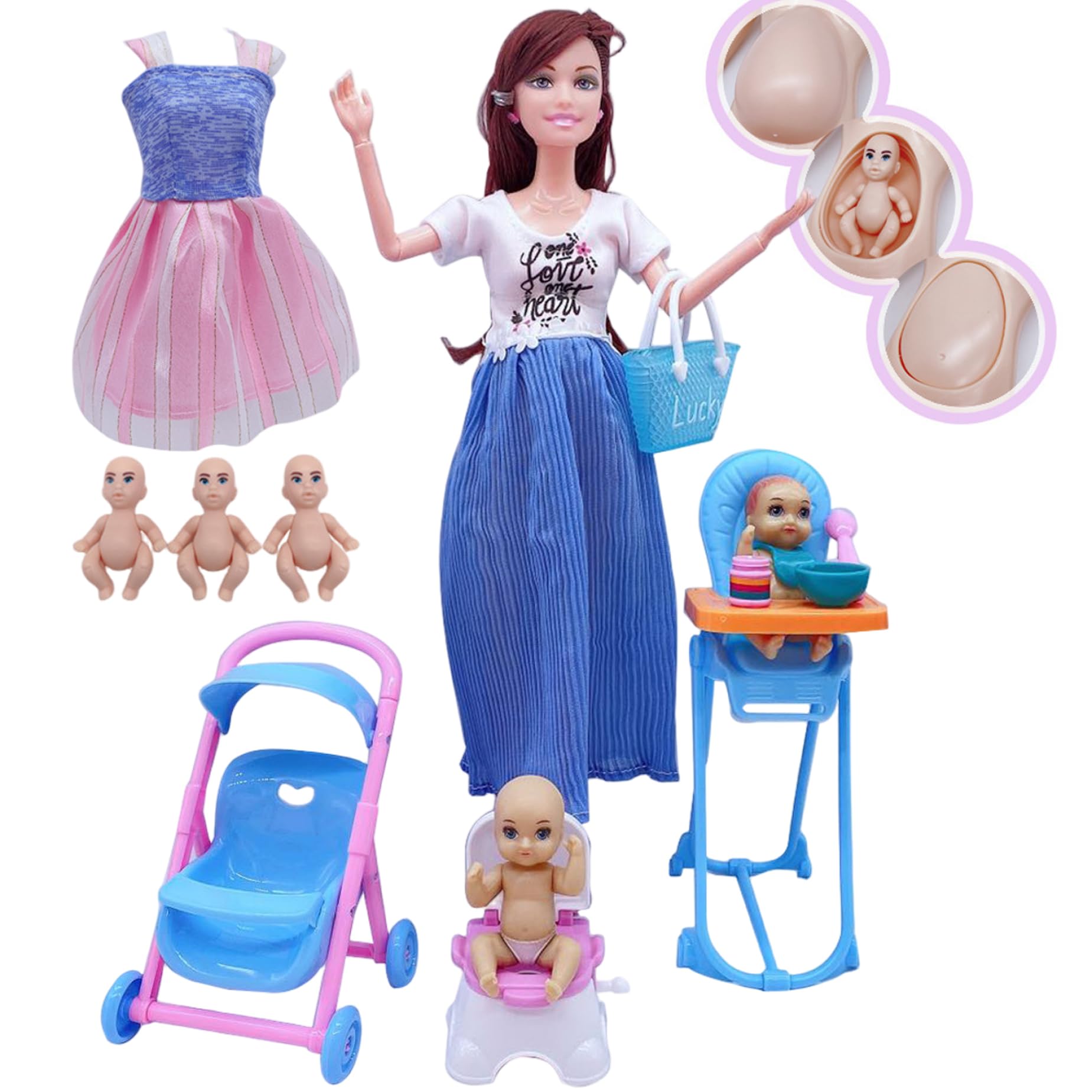 Comebachome Pregnant Doll, 30cm Movable Joint Pregnant Doll with Baby in Tummy & Accessories for Kids Birthday Christmas