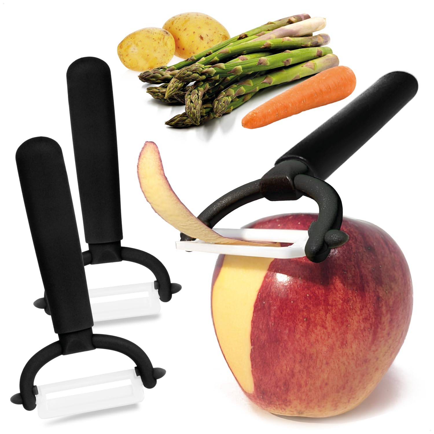 com-four® 3X Sparschäler mit Keramikklinge für Obst und Gemüse - besonders scharfer Universalschäler - rostfreier Peeler - Schäler mit Pendelklinge aus Keramik (3 Stück - schwarz)