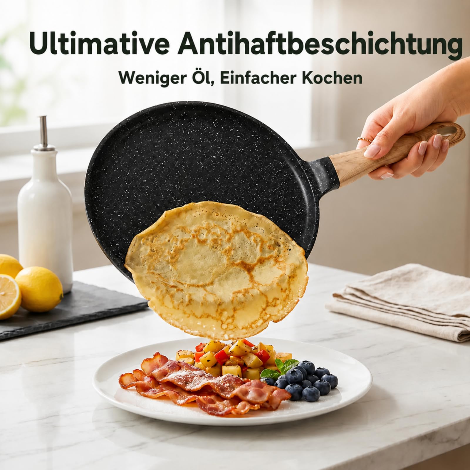 JEETEE Pfannkuchenpfanne 24 cm, Crepe Pfanne Induktion, Grau | Niedriger Rand zum Verteilen und Wenden von dünnem Teig, Aluminium mit Induktionsboden