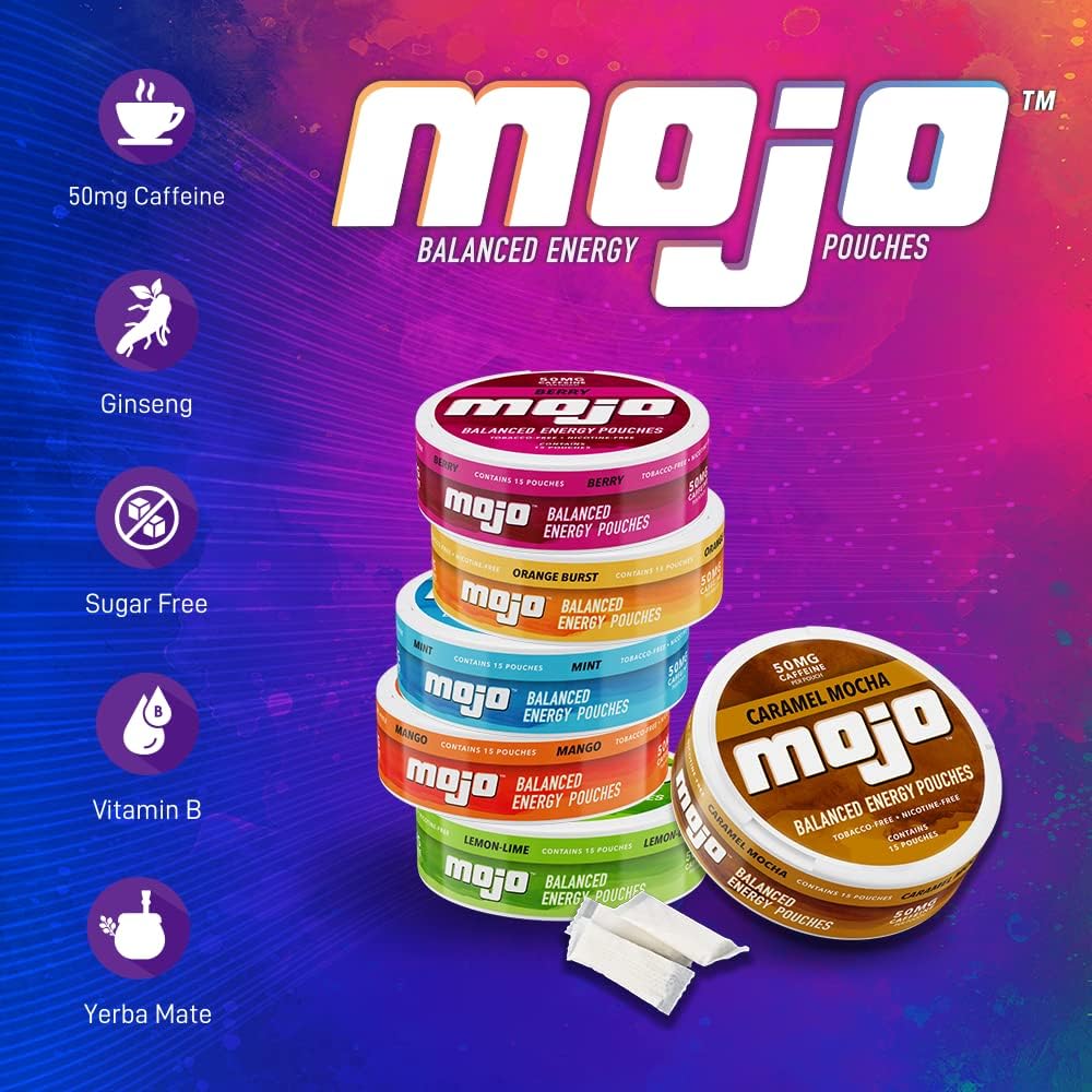 MOJO Balanced Energy Pouches with icons for 50mg Caffeine, Ginseng, Sugar Free, Vitamin B, and Yerba Mate