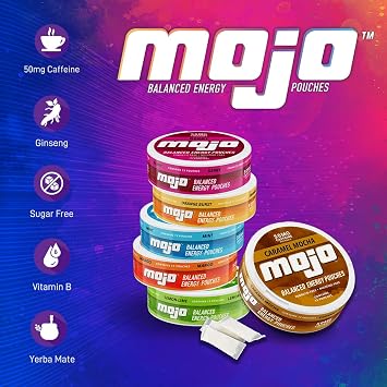 MojoTM Balanced Energy Pouches | Healthier Energy Drink Alternative |Zero Sugar & Calorie-Free with Ginseng, Yerba Mate, B-Vitamins, and Amino Acids | 15 Pouches Per Can | 5 Cans (Caramel Mocha)