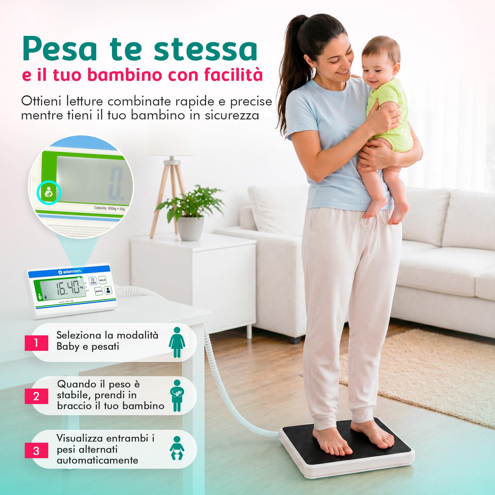 Bilancia Pesapersone Professionale Adamson – Bilancia Medica Extra Larga 300 kg con Alta Precisione di 10 g – Bilancia Digitale Bariatrica per Casa, Clinica o Ospedale – Alimentazione USB o 3×AA