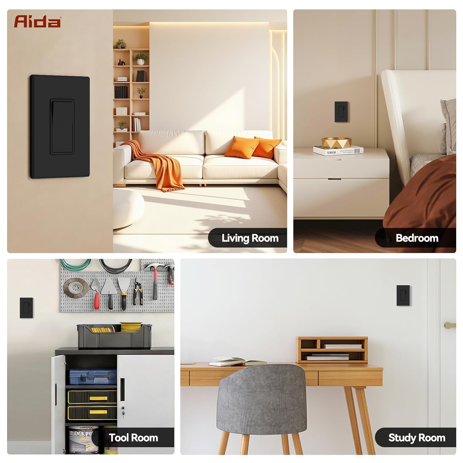 AIDA Single Pole Rocker Decorator Light Switch, 15 Amp Self-grounding Electrical Light Switches, Wall Plate Included, Residential Grade, UL Listed (10 Pack, Matte Black)