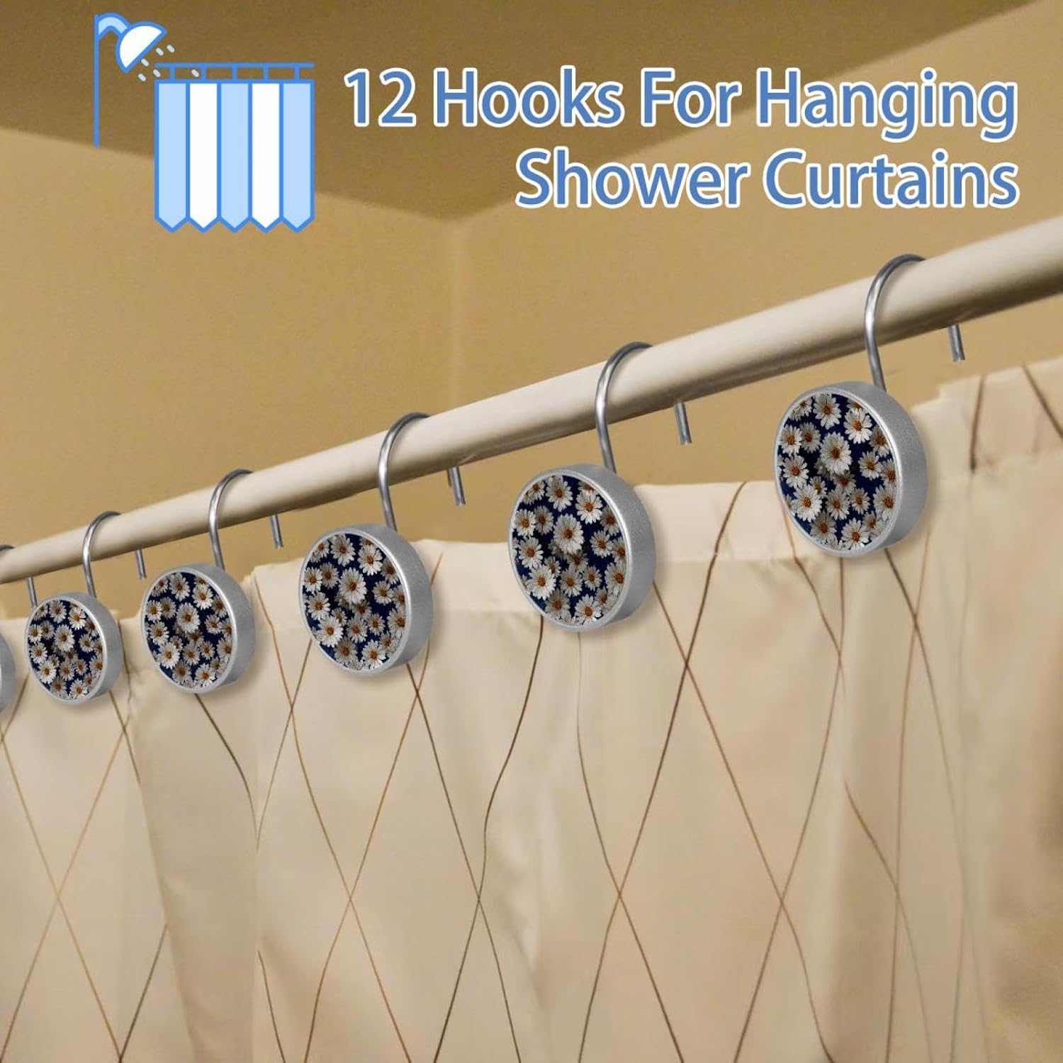 12PCS Navy Daisies Shower Curtain Hooks Rings for Bathroom, Decorative Shower Curtain Hooks Rods Curtains and Liner