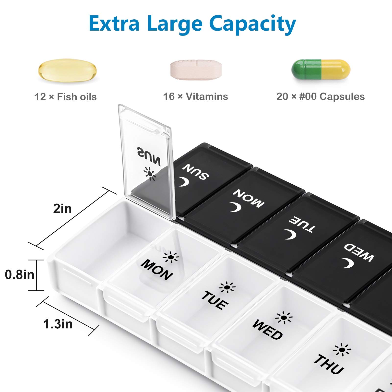 DANYING Pastillero extra grande 2 veces al día, caja de píldoras semanales XL, caja de píldoras AM PM, contenedor de píldoras 7 días, estuche de vitaminas dos veces al día