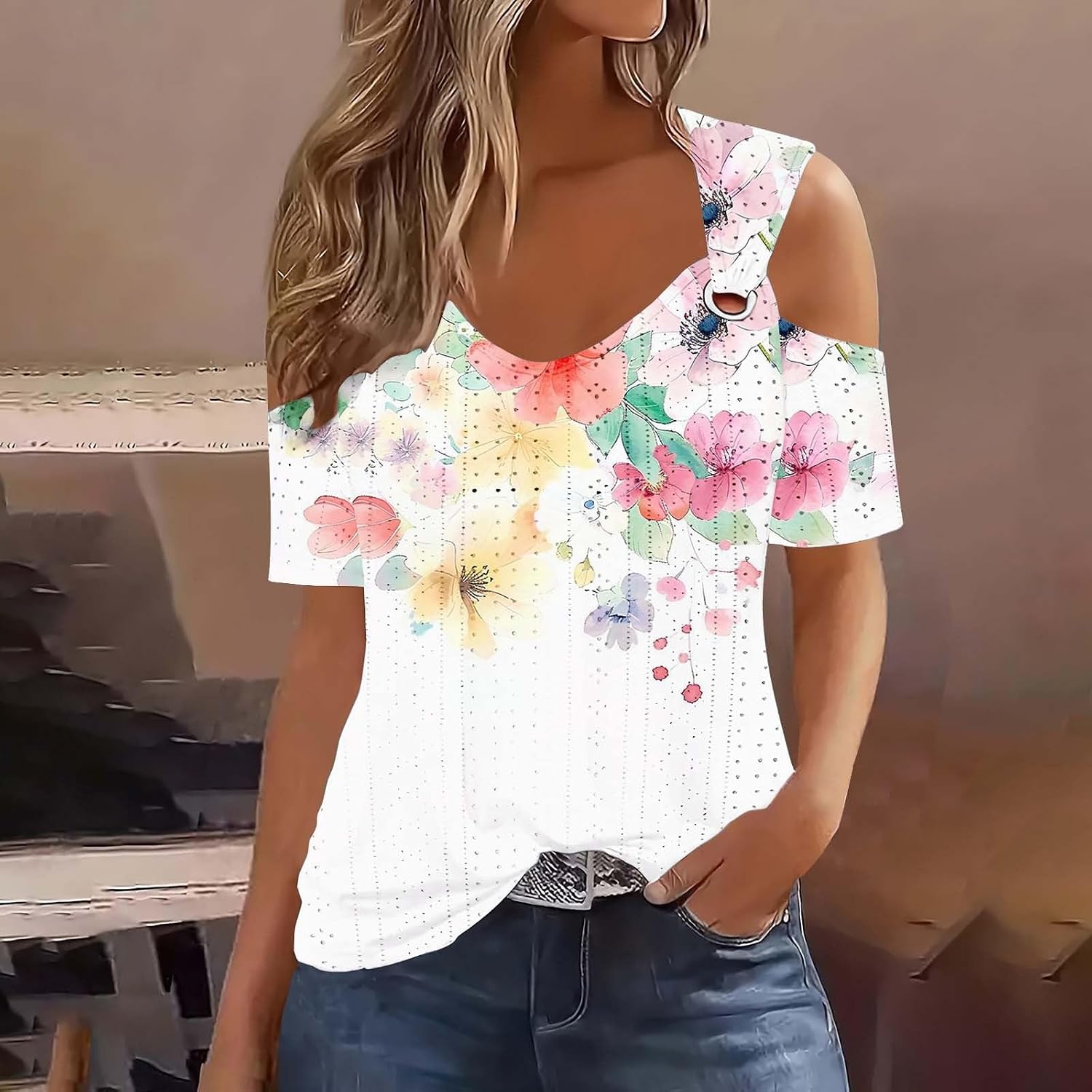Women's Eyelet Shirts Cold Shoulder O Ring Short Sleeve Tops Graphic Printed Casual Comfort Blouses Tees