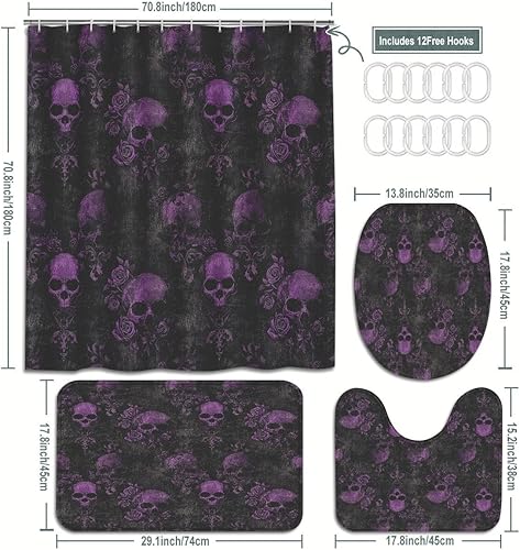 Miniatura 3 de Juego de baño de calavera gótica, 4 piezas con cortina de ducha de 71 x 71 pulgadas, tapete de baño, alfombra de contorno, cubierta para tapa de