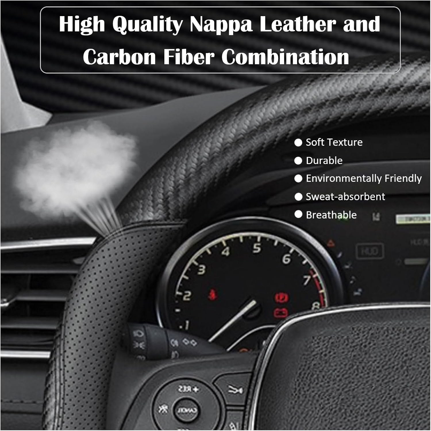 Nappa Leather 15 Inch Steering Wheel Cover, Non-Slip Breathable Carbon Fiber Steering Wheel Protector or Wrap for Men & Women, Black