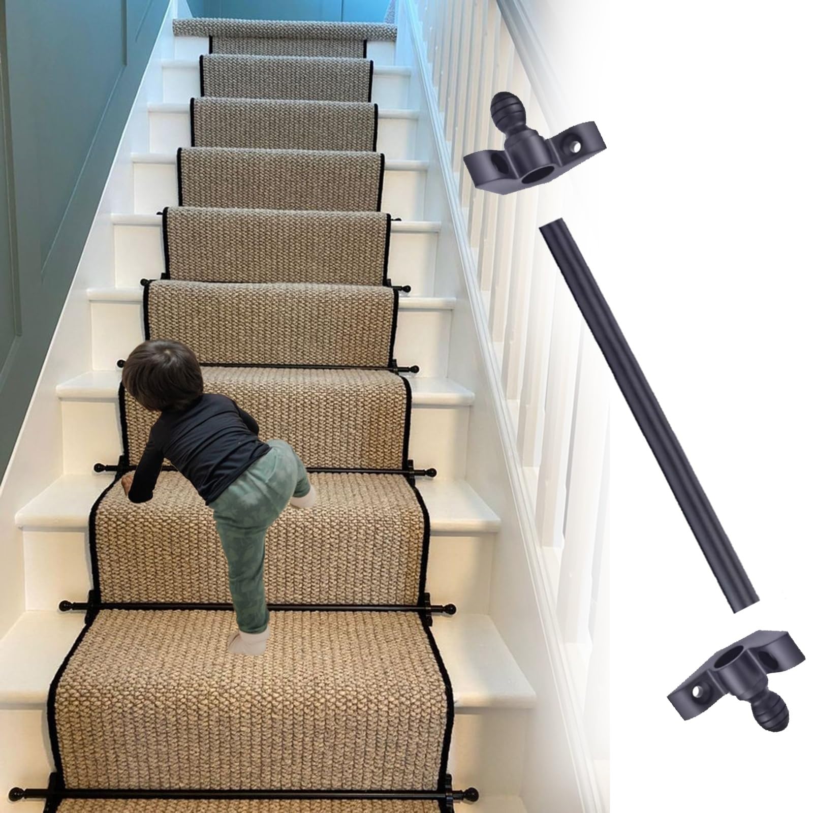 Barras de escalera para alfombra fija de latón negro de 81cm con soportes de fácil instalación
