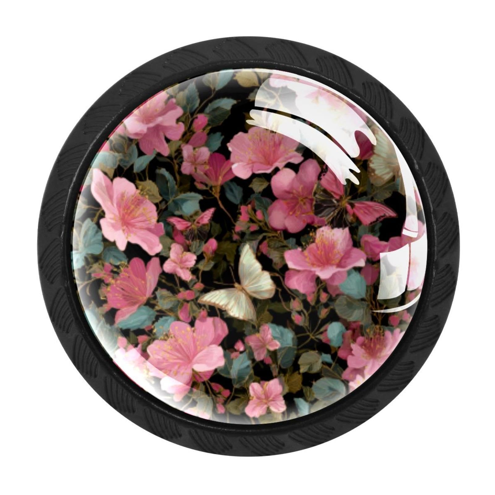 CHENZZZZ 4 Pieces Black Cabinet Pull Handle with Screws,Pink Flowers Leaves and Butterflies (3) Kitchen Knobs, Hardware for Cupboard Drawer Dresser