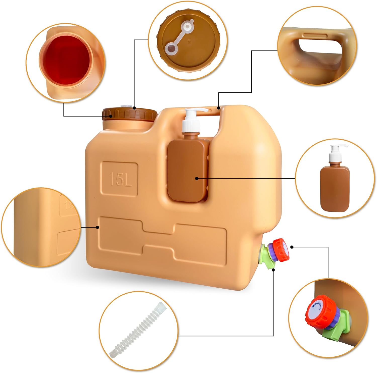 4 Gallon Water Container with Spigot, Portable Water Jug with Hand Sanitizer Bottle, No Leakage Camping Bucket, BPA Free Emergency Water Storage Tank for Camping, Outdoor Hiking, Picnic