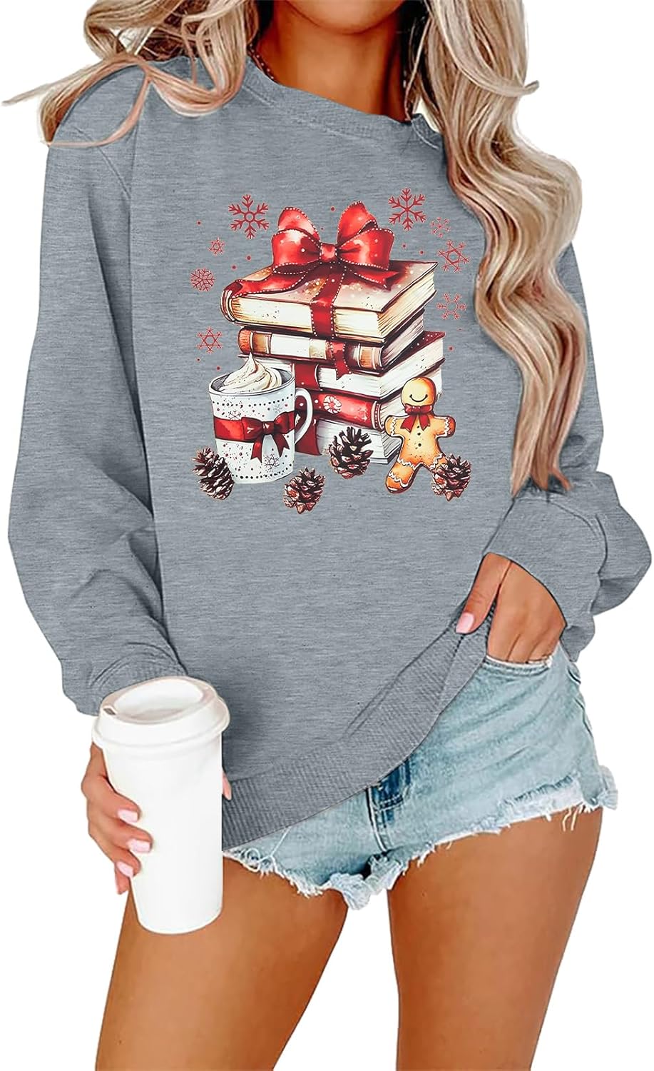 ALLTB Christmas Book Sweatshirt Women Book Lover Pullover Reading Bookish Christmas Teacher Crewneck Letter Graphic Tops