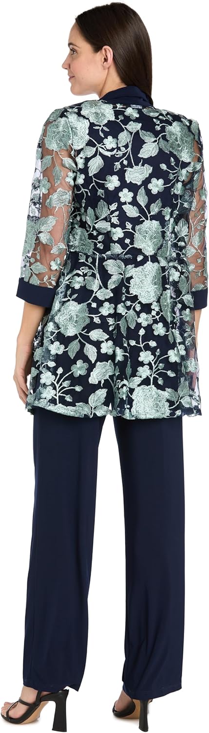 R&M Richards Women's 2-Piece Sheer Floral Embroidered Mock Jacket Pantsuit W/Pull-On Pants