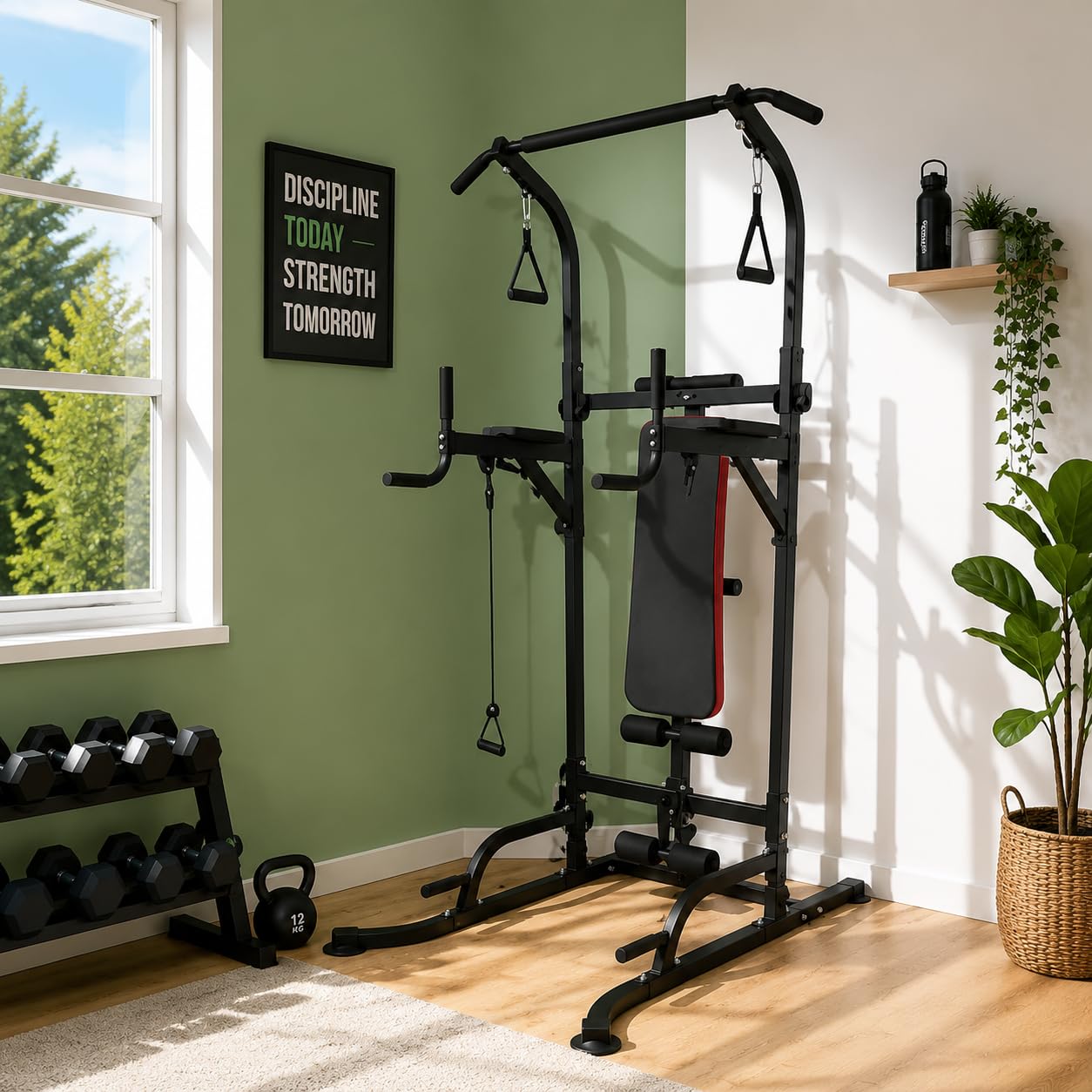 Power Tower Dip Station - Estación de Dominadas con Banco de Gimnasio Plegable, Estación de Inmersión con Correas de Entrenamiento, Ejercicio en Casa, Carga Máxima 200kg