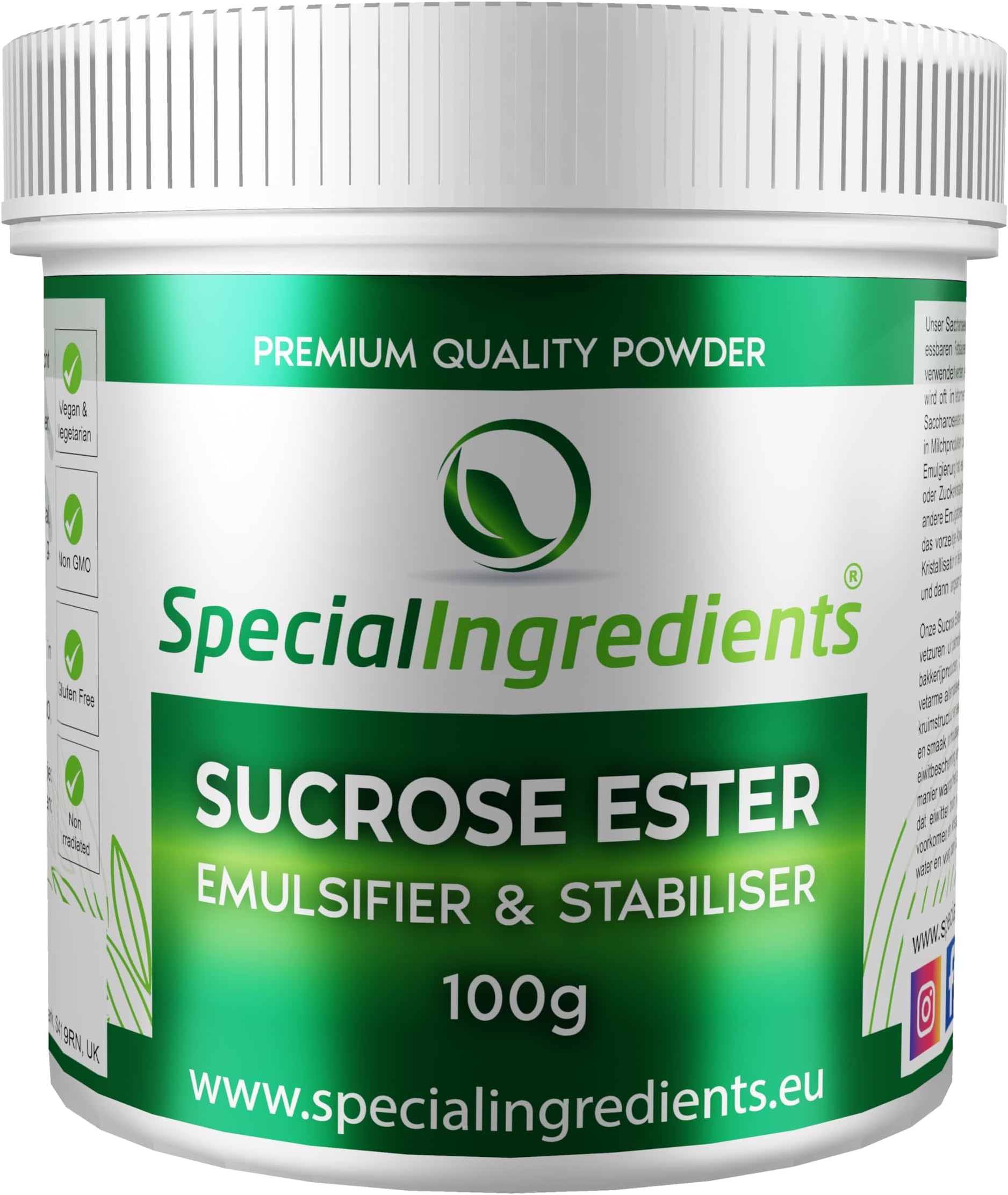 Sucrose Ester Premium Quality Powder. Non GMO, Gluten Free, Recyclable Container 100g