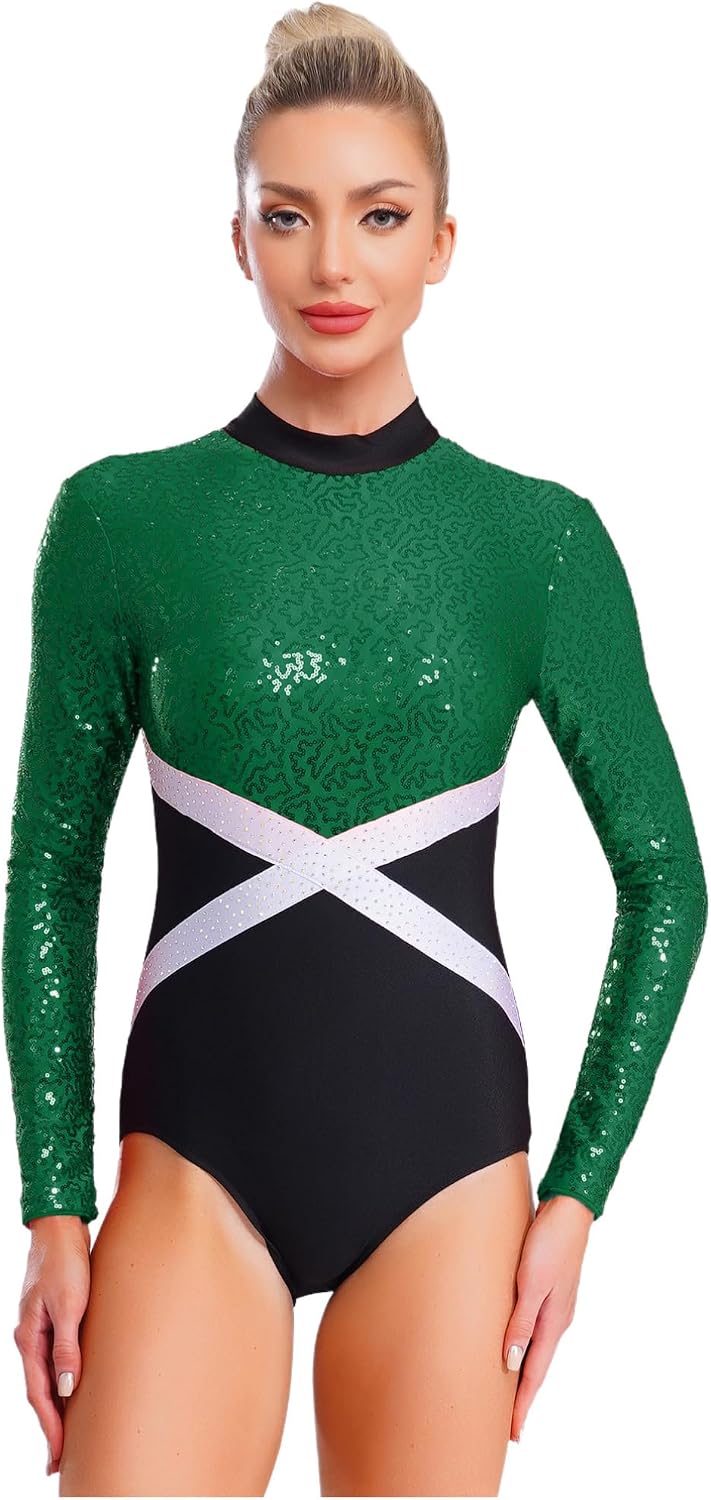 YiZYiF Womens Gymnastics Leotards Long Sleeve Sequin Ballet Dance Performance Unitards Bodysuit